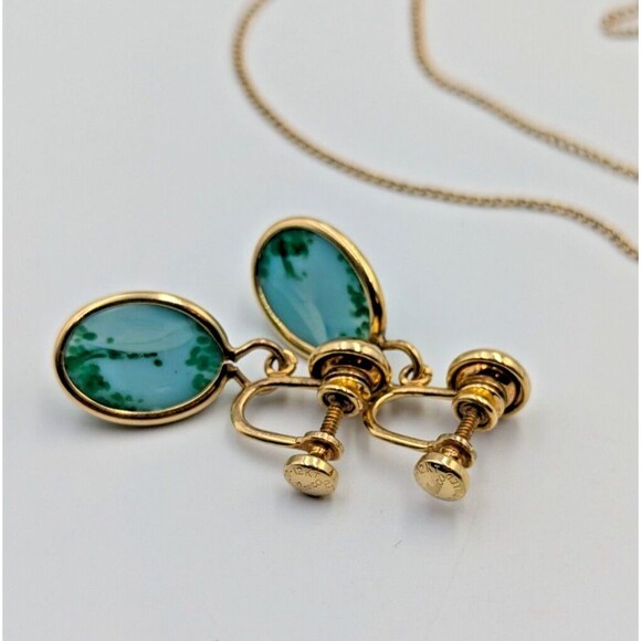 Vintage Amco 12K Yellow Gold Filled Green Pekin Glass Set Necklace Earrings - Picture 11 of 16